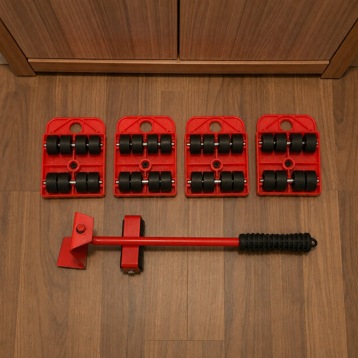 situation — MueveFácil™ – Kit Elevador de Muebles: Palanca de Acero + 4 Plataformas con Ruedas
