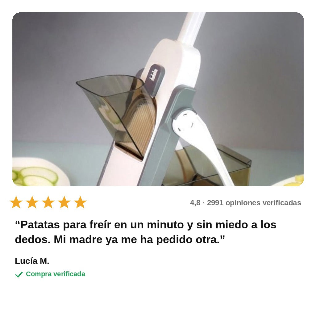 avis — CortaSegura™ – Mandolina vertical con grosor regulable y recipiente integrado