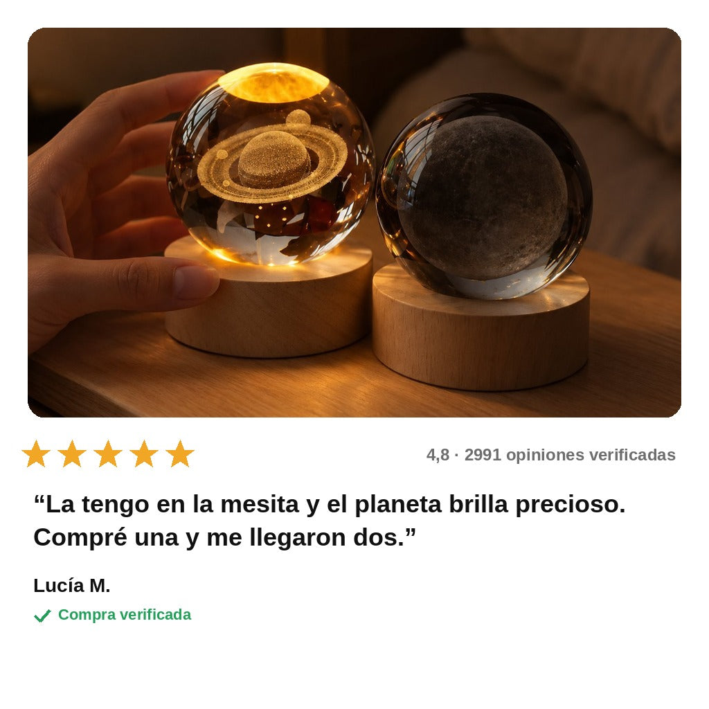 avis — Lámpara Bola de Cristal Planeta – Grabado Láser 3D con Base LED de Madera