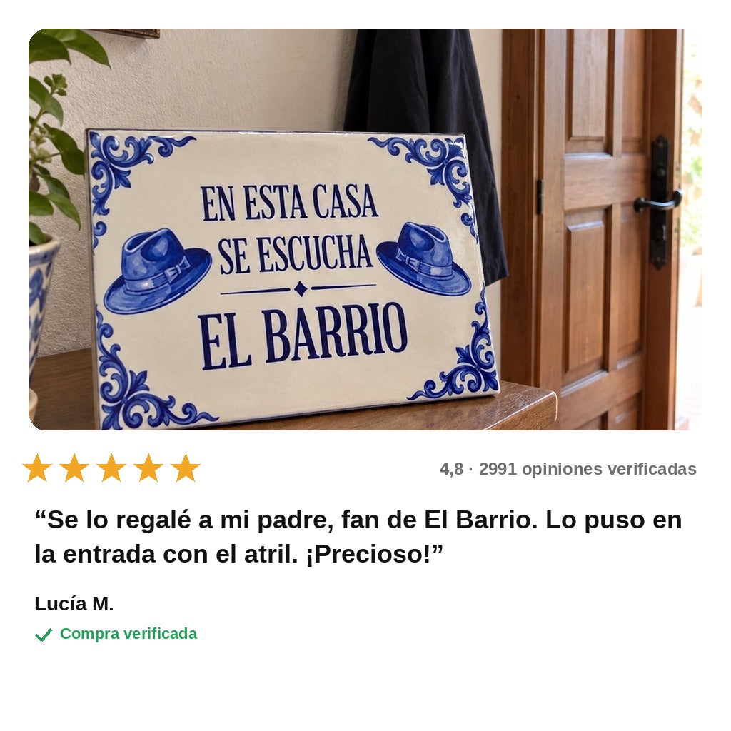 avis — Azulejo «En esta casa se escucha El Barrio» — cerámica estilo andaluz