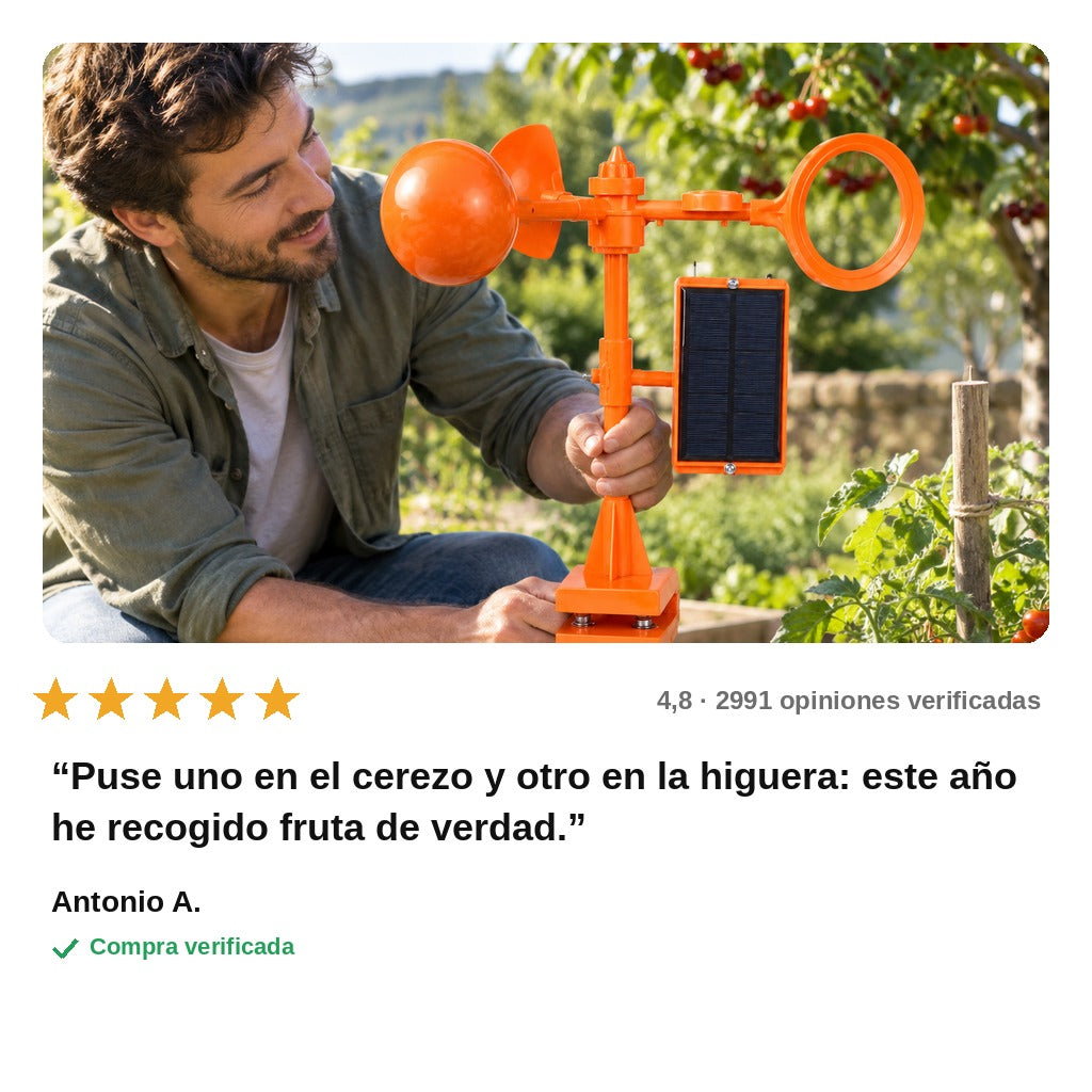 avis — SolGiro™ – Espantapájaros solar giratorio 360° con destellos y sonido