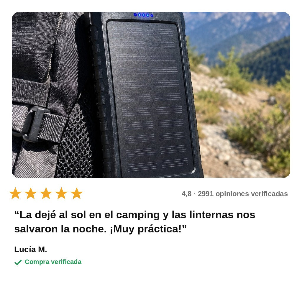 avis — SolarGo™ – Batería Externa Solar con Doble Linterna LED, Antigolpes y Mosquetón