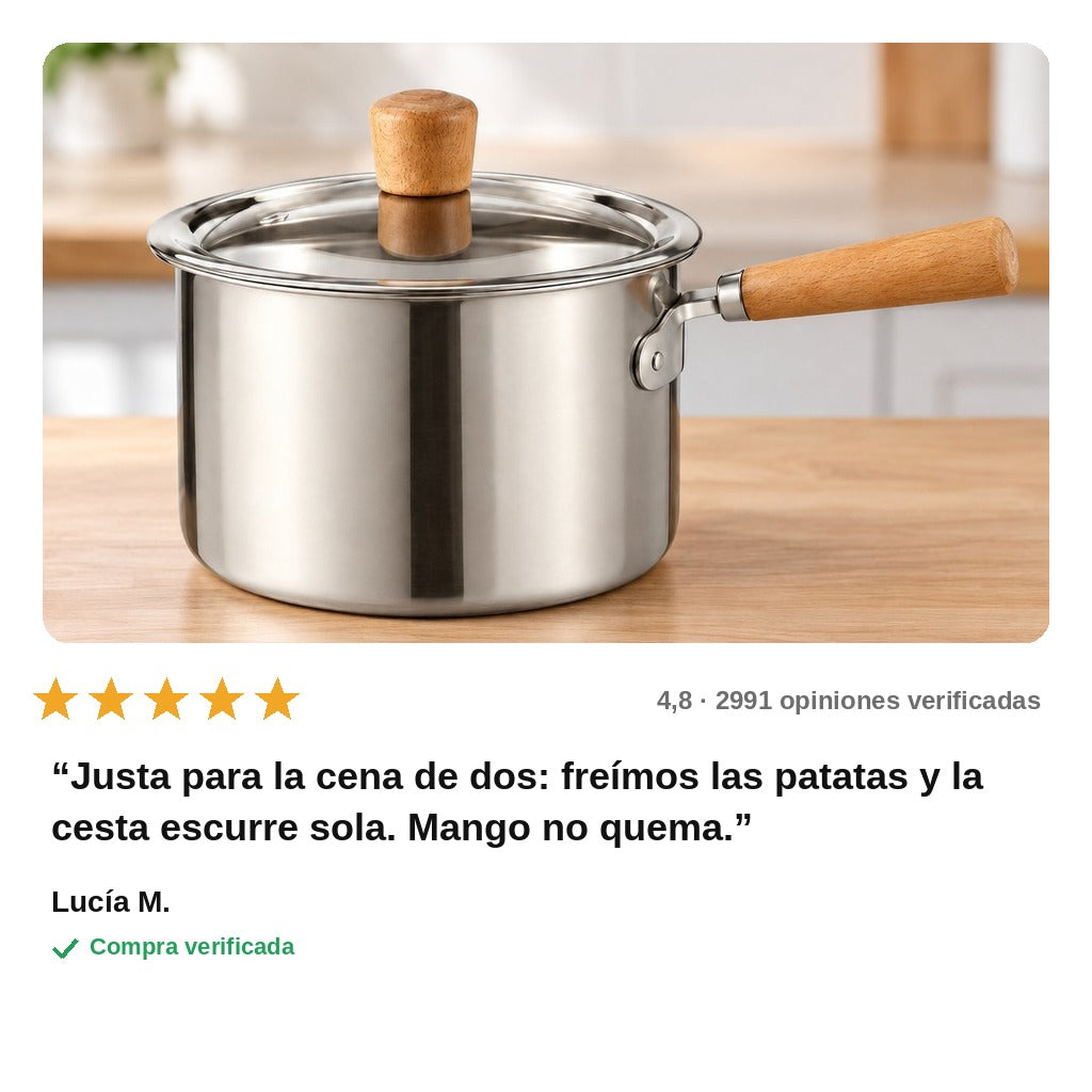 avis — Olla freidora de acero inoxidable con cesta escurridora y mango de madera