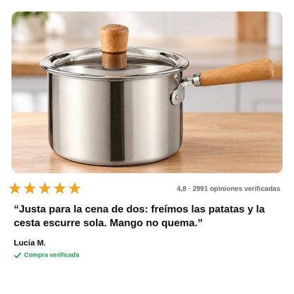 avis — Olla freidora de acero inoxidable con cesta escurridora y mango de madera
