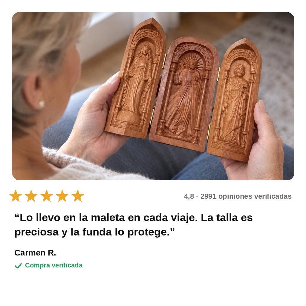 avis — Tríptico de viaje Sagrada Familia — Madera tallada a mano