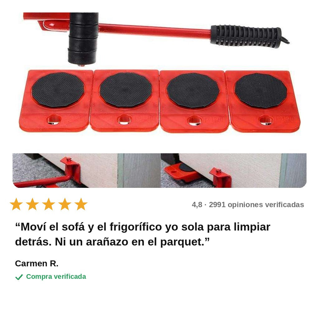 avis — MueveFácil™ – Kit Elevador de Muebles: Palanca de Acero + 4 Plataformas con Ruedas