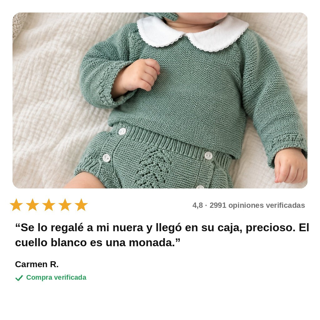 avis — Conjunto de punto bebé verde menta – 4 piezas (jersey cuello bebé, bloomer, capota y patucos)