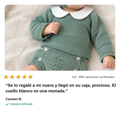avis — Conjunto de punto bebé verde menta – 4 piezas (jersey cuello bebé, bloomer, capota y patucos)