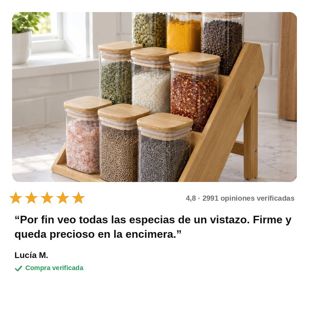 avis — Especiero de Bambú Escalonado 3 Niveles con 9 Tarros de Cristal