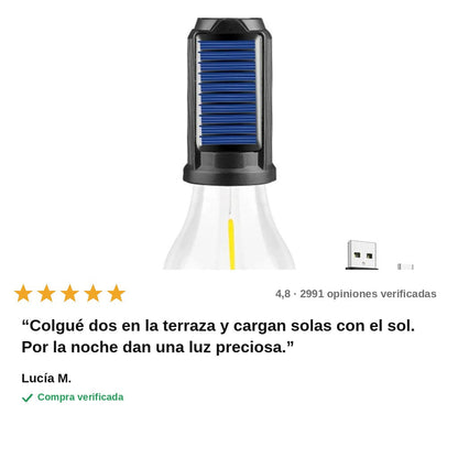 avis — Bombilla LED Solar con Gancho — Recargable por Sol o USB