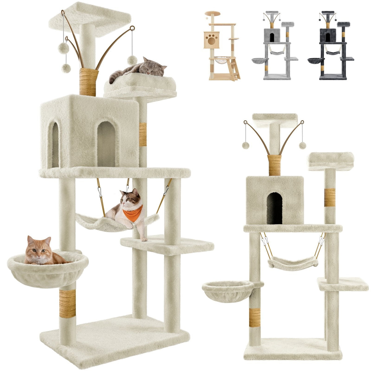 couleur Beige — Árbol para gatos con hamaca, cueva y postes rascadores de sisal