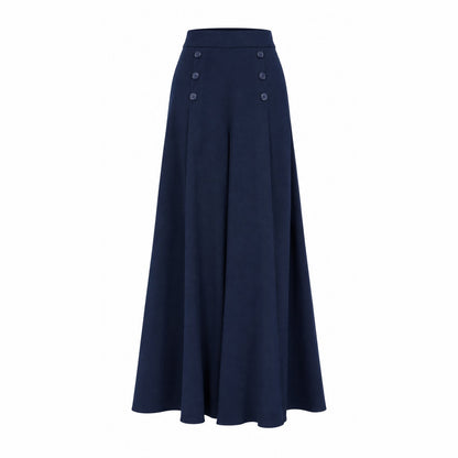 couleur Azul marino — Pantalón Palazzo Pierna Ancha – Cintura Alta Elástica, Caída de Falda