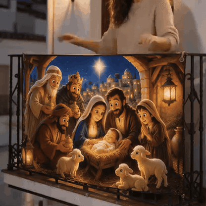 gif — Balconera de Navidad Belén – Sagrada Familia y Reyes Magos, 3 medidas