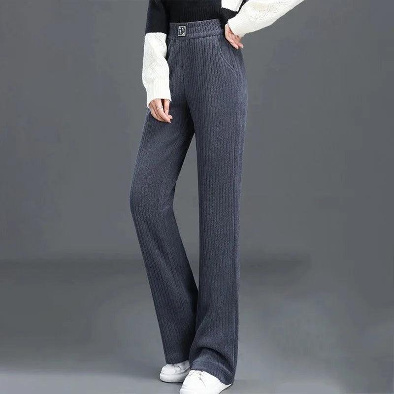 couleur Gris antracita — Pantalón Ancho de Chenilla con Forro Polar – Cintura Alta Elástica