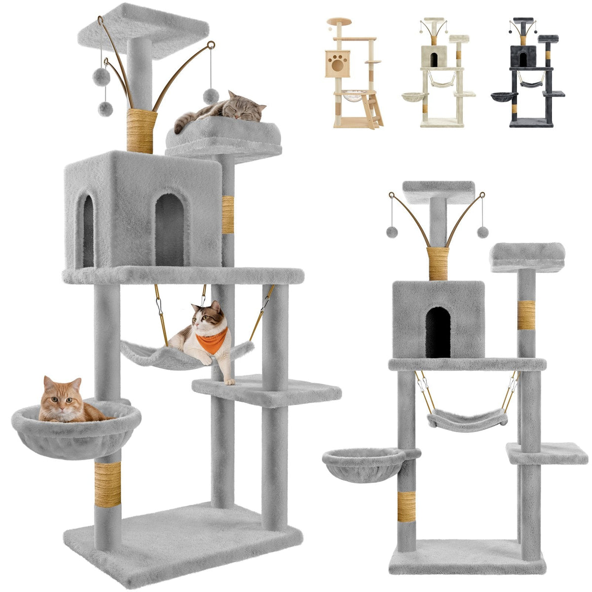 couleur Gris — Árbol para gatos con hamaca, cueva y postes rascadores de sisal