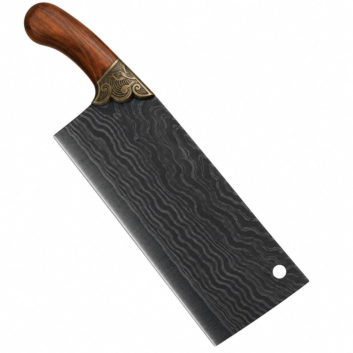 couleur Hoja ondulada negra · mango de madera — Cuchillo Cebollero Chino Forjado – Hoja Rectangular