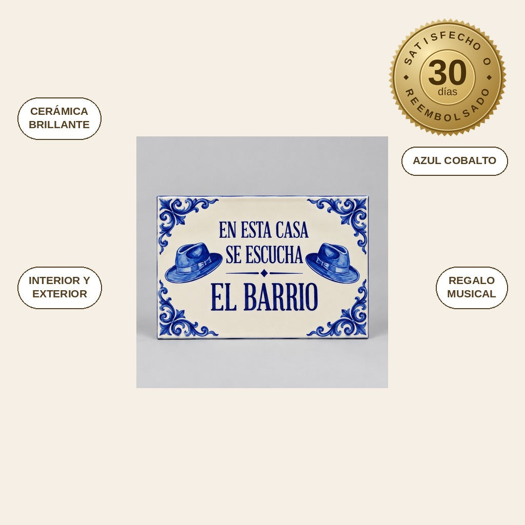 infographie — Azulejo «En esta casa se escucha El Barrio» — cerámica estilo andaluz