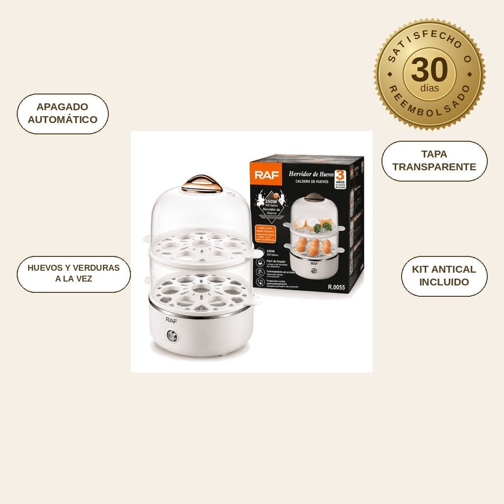 infographie — VaporDuo™ – Cocedor de huevos y vaporera eléctrica de 2 niveles, 14 huevos, apagado automático