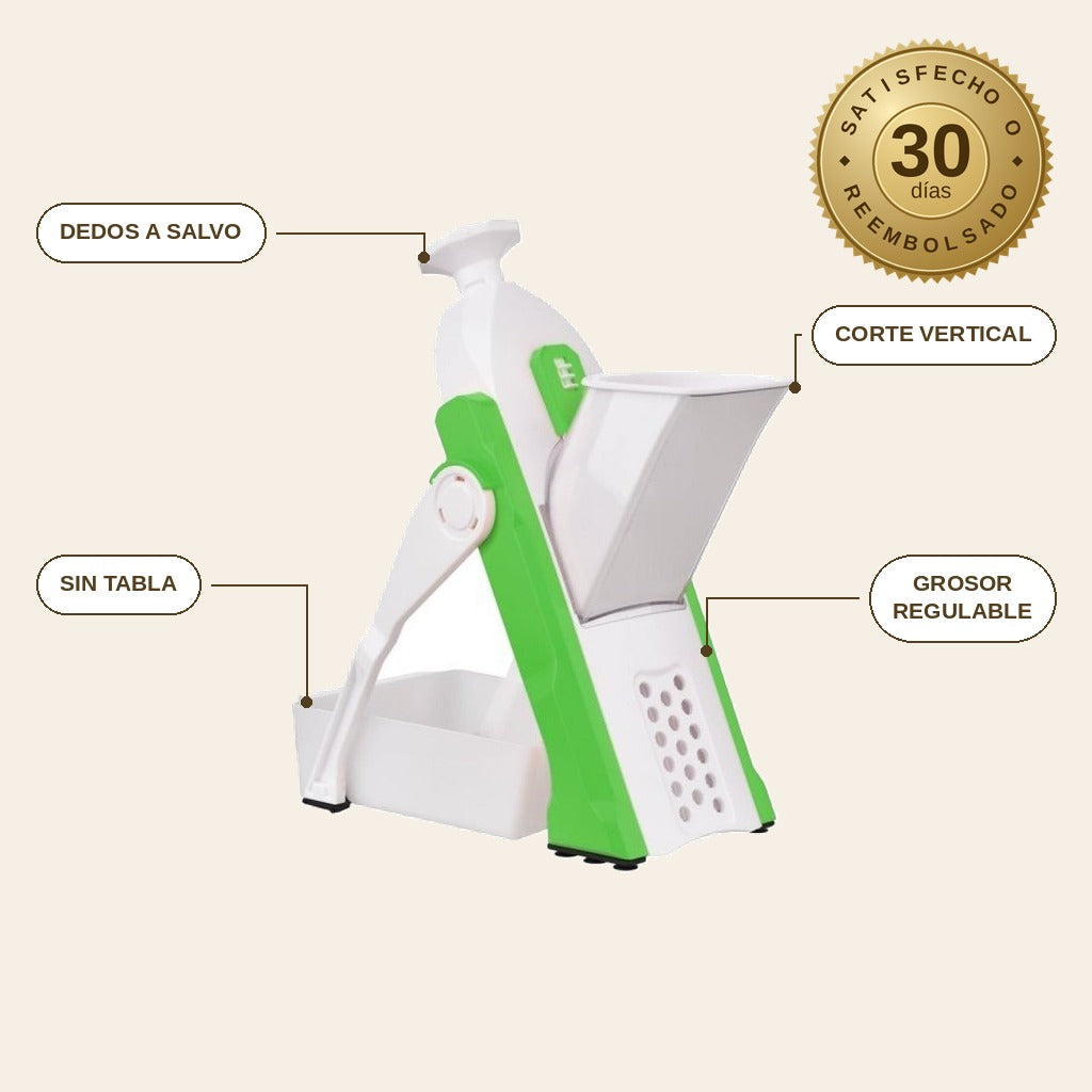 infographie — CortaSegura™ – Mandolina vertical con grosor regulable y recipiente integrado