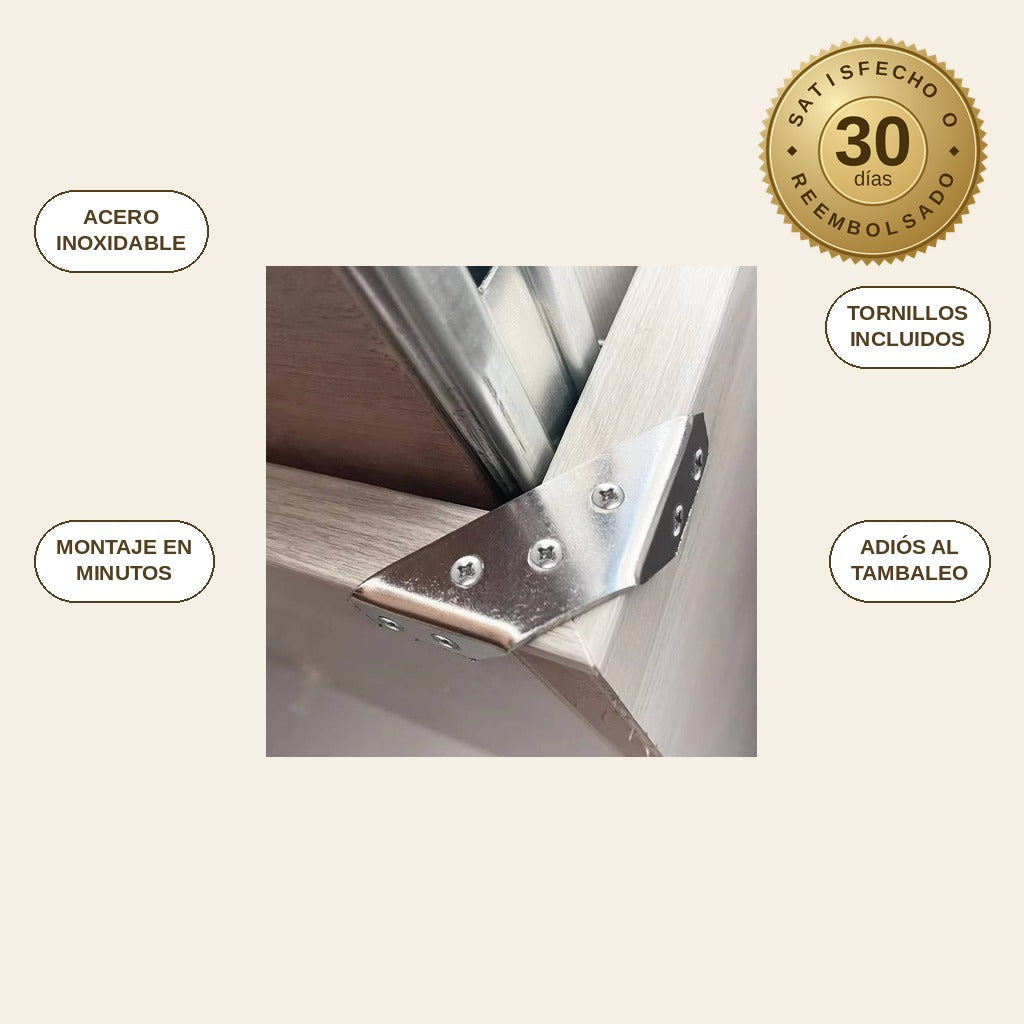 infographie — Escuadras esquineras de acero inoxidable con tornillos – Refuerzo de muebles 90°