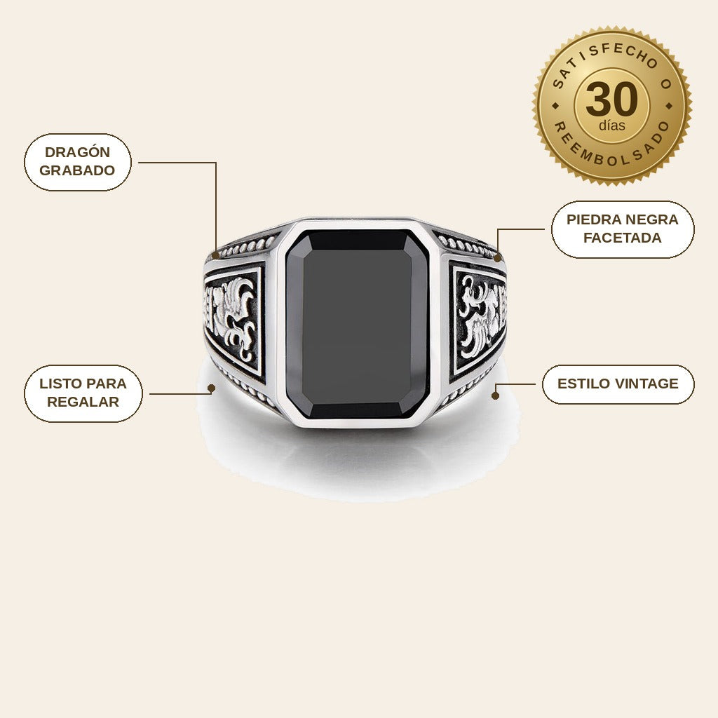 infographie — Anillo Sello Dragón – Piedra Negra Facetada