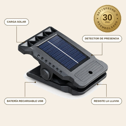 infographie — SolClip™ – Lámpara Solar LED con Clip y Sensor de Movimiento, sin cables ni taladros