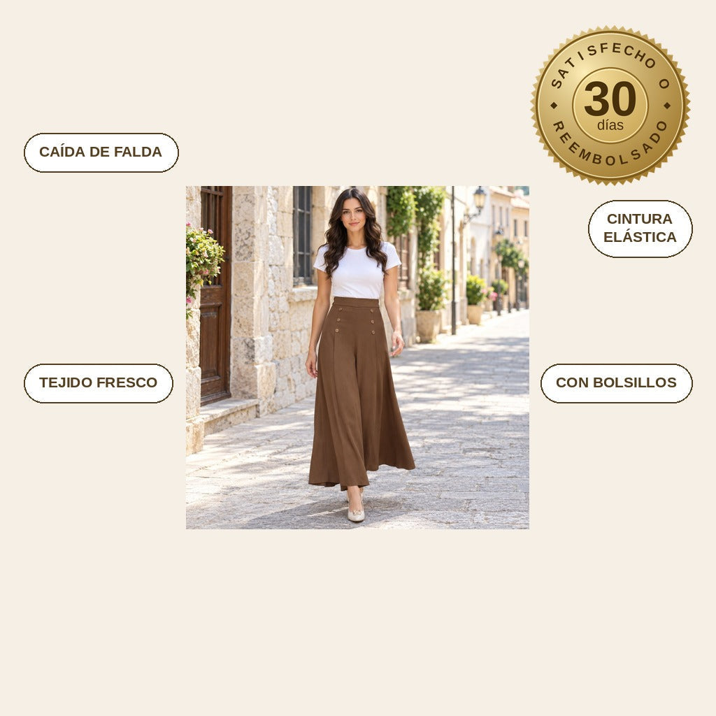 infographie — Pantalón Palazzo Pierna Ancha – Cintura Alta Elástica, Caída de Falda