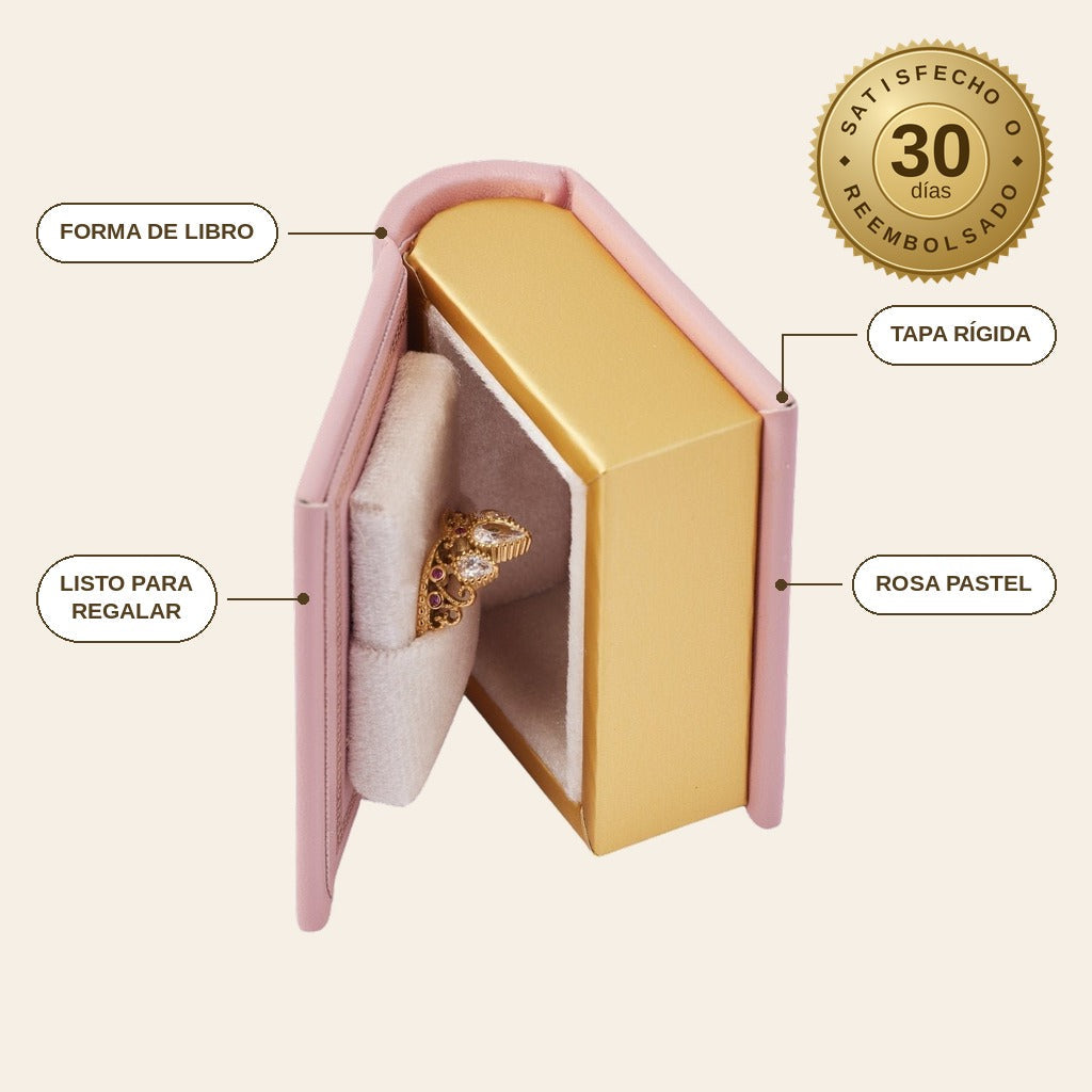 infographie — Estuche Libro Rosa – Caja para Anillo o Collar en Forma de Libro