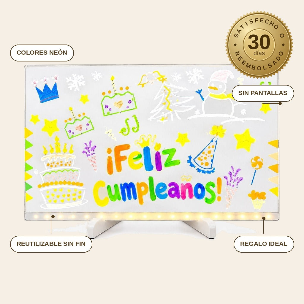 infographie — Pizarra LED Mágica de Dibujo para Niños – Dibujos que Brillan en Colores Neón
