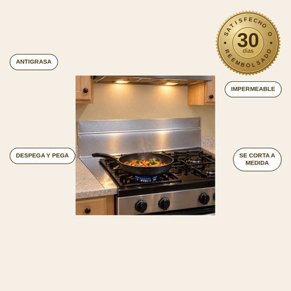 infographie — Lámina Adhesiva de Aluminio Antigrasa para Cocina – Rollo 60 cm × 5 m