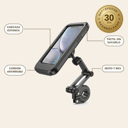 infographie — RutaFija™ – Soporte de Móvil Estanco para Moto y Bici, Giro 360°