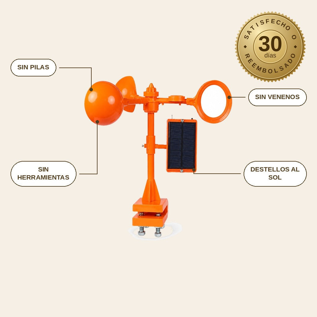 infographie — SolGiro™ – Espantapájaros solar giratorio 360° con destellos y sonido