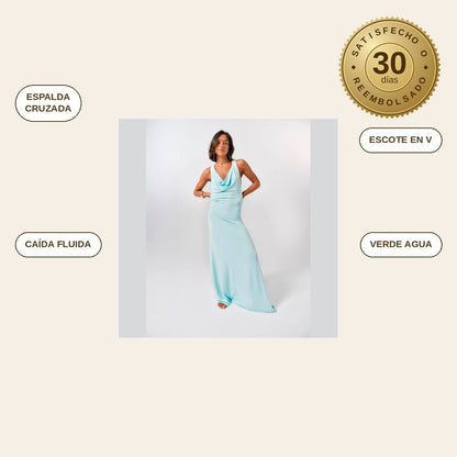 infographie — Vestido Largo de Espalda Cruzada – Verde Agua