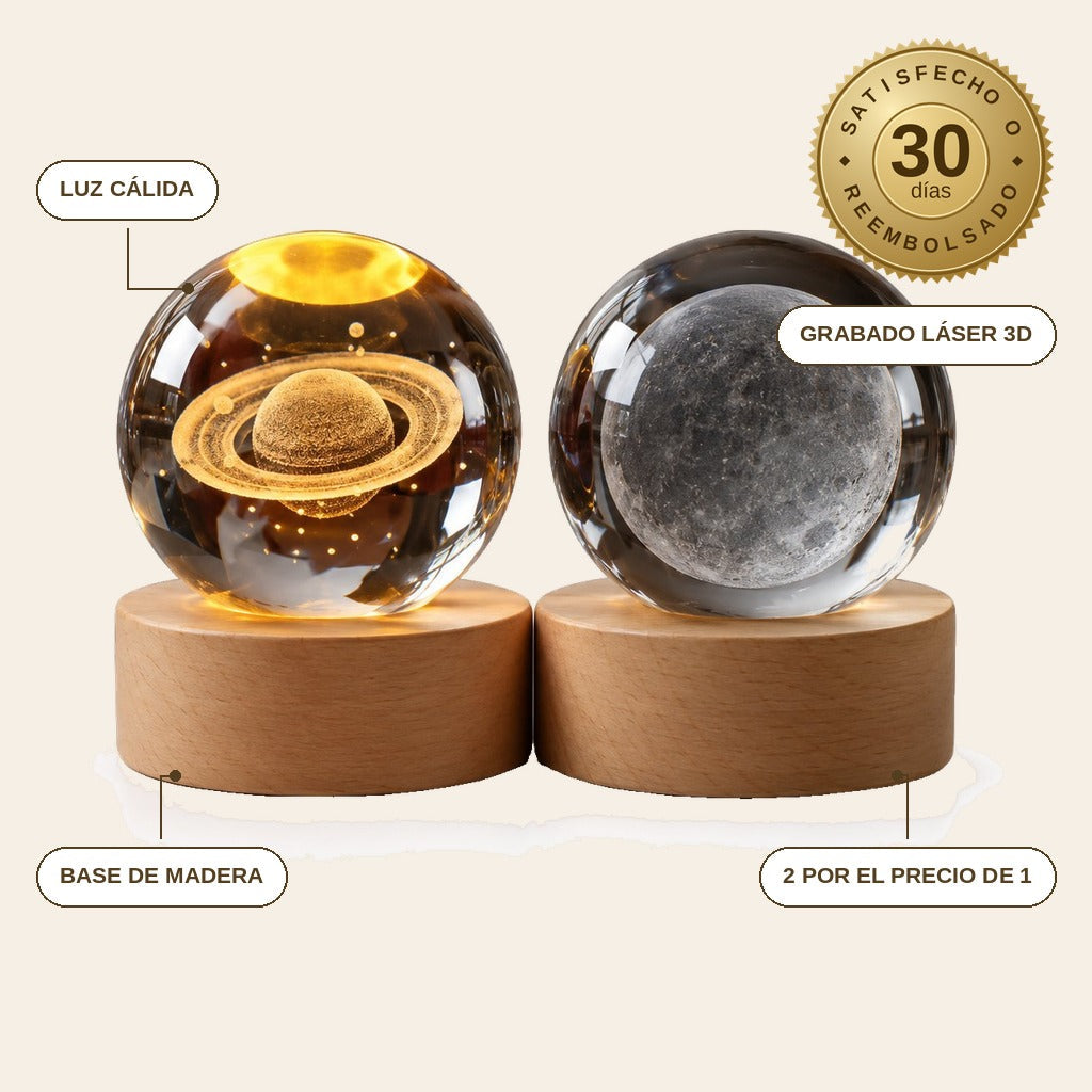 infographie — Lámpara Bola de Cristal Planeta – Grabado Láser 3D con Base LED de Madera