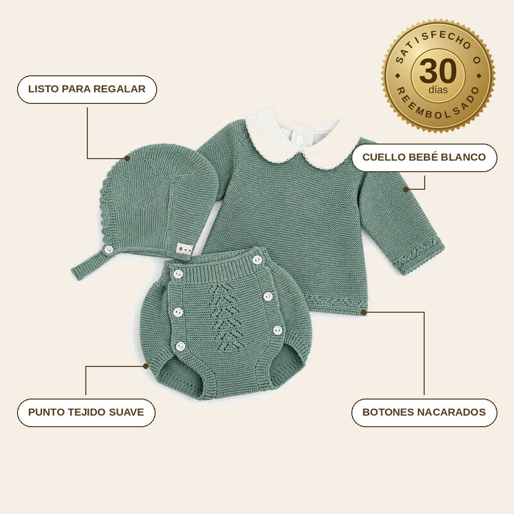 infographie — Conjunto de punto bebé verde menta – 4 piezas (jersey cuello bebé, bloomer, capota y patucos)
