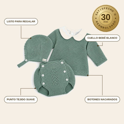 infographie — Conjunto de punto bebé verde menta – 4 piezas (jersey cuello bebé, bloomer, capota y patucos)
