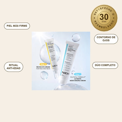 infographie — Dúo Antiedad LuminEyes™: Crema Reafirmante + Contorno de Ojos