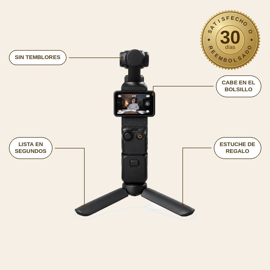 infographie — Cámara Gimbal de Bolsillo con Estabilizador Integrado – Kit con Empuñadura y Mini Trípode