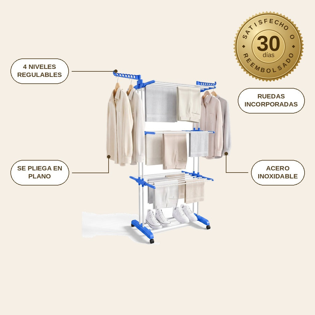 infographie — Tendedero Vertical Plegable con Ruedas – 4 Niveles