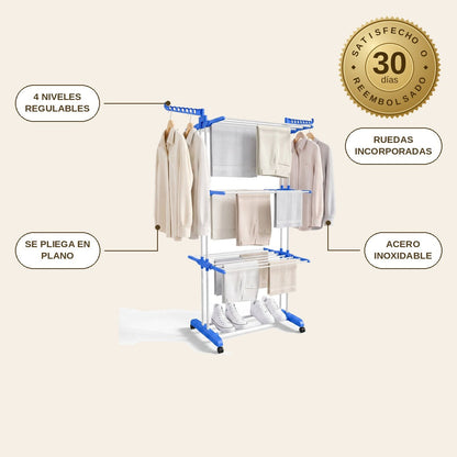 infographie — Tendedero Vertical Plegable con Ruedas – 4 Niveles