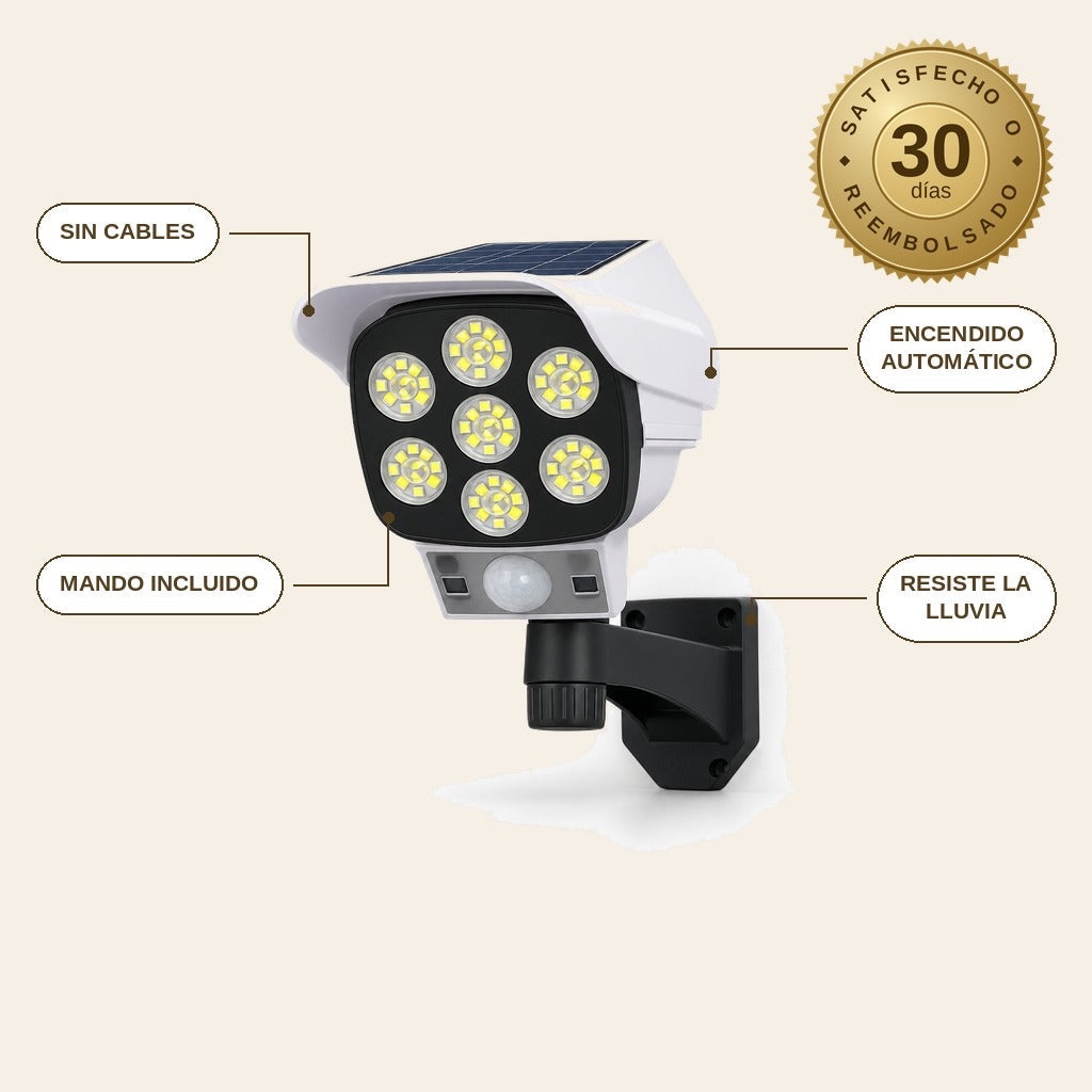 infographie — Cámara Falsa Solar 77 LED con Sensor de Movimiento