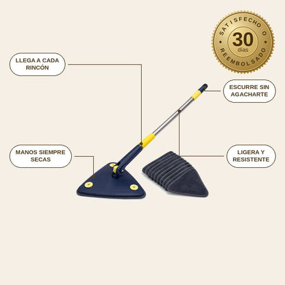 infographie — Fregona Triangular Autoescurrible 360° + 10 Recambios de Microfibra de Regalo