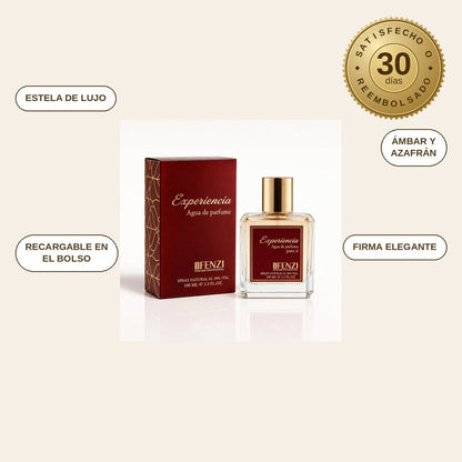 infographie — Esencia Ámbar™ – Perfume 100 ml de azafrán, jazmín y ámbar gris + atomizador de viaje de regalo