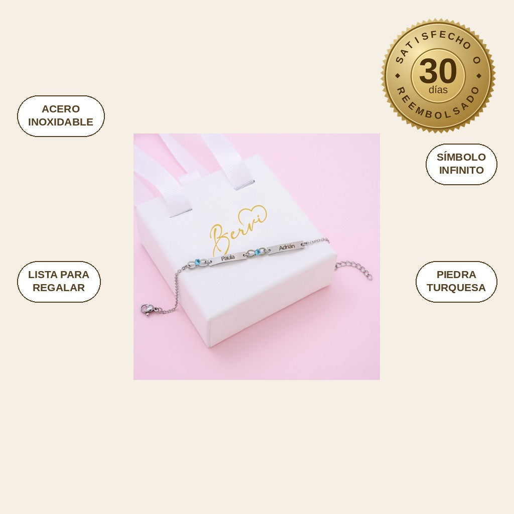 infographie — Pulsera Infinito Personalizada con 3 Nombres – Acero Inoxidable Plateado