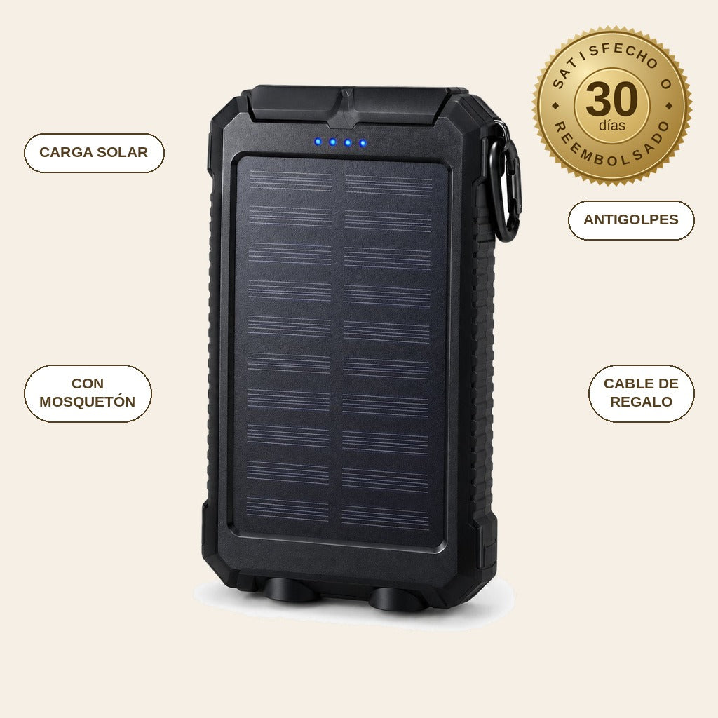 infographie — SolarGo™ – Batería Externa Solar con Doble Linterna LED, Antigolpes y Mosquetón
