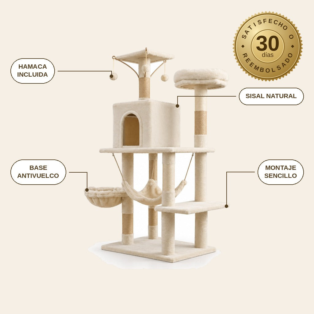 infographie — Árbol para gatos con hamaca, cueva y postes rascadores de sisal