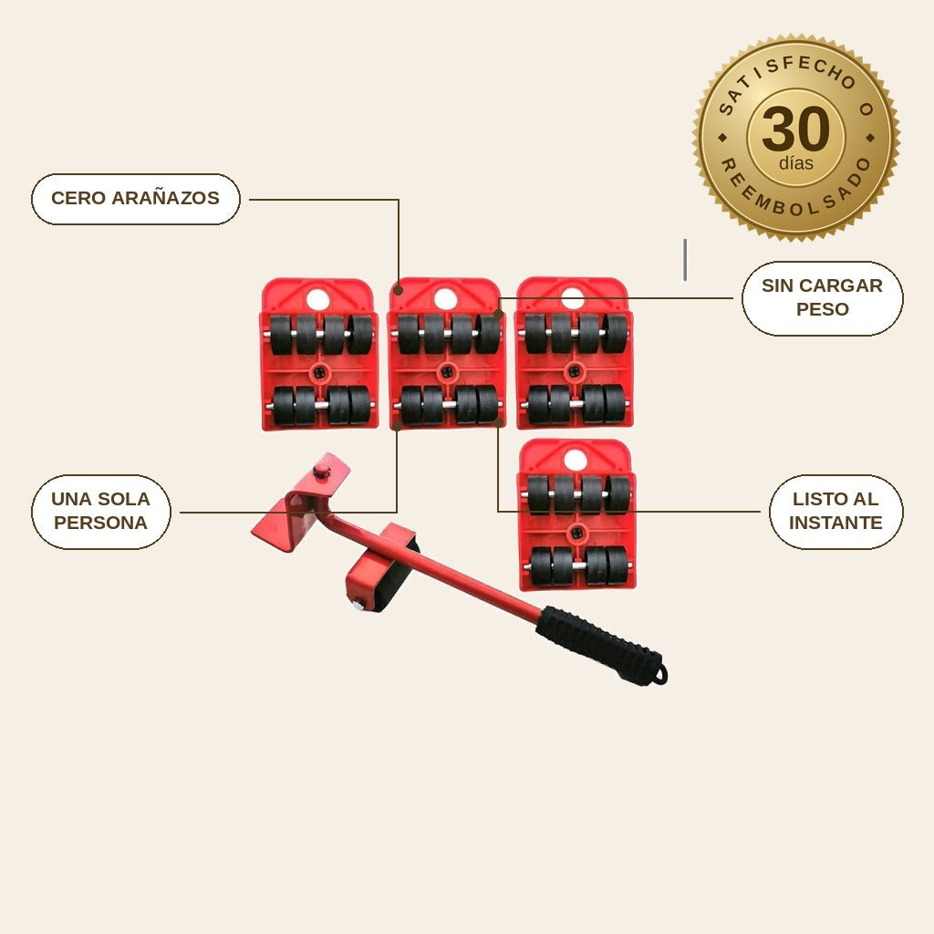 infographie — MueveFácil™ – Kit Elevador de Muebles: Palanca de Acero + 4 Plataformas con Ruedas