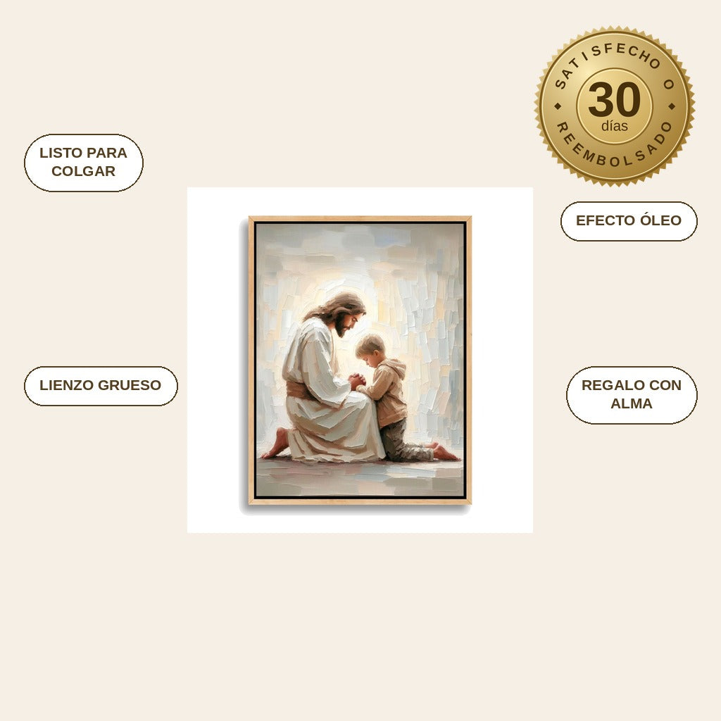 infographie — Cuadro de Jesús rezando con un niño – Lienzo listo para colgar