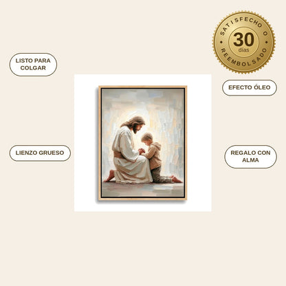 infographie — Cuadro de Jesús rezando con un niño – Lienzo listo para colgar