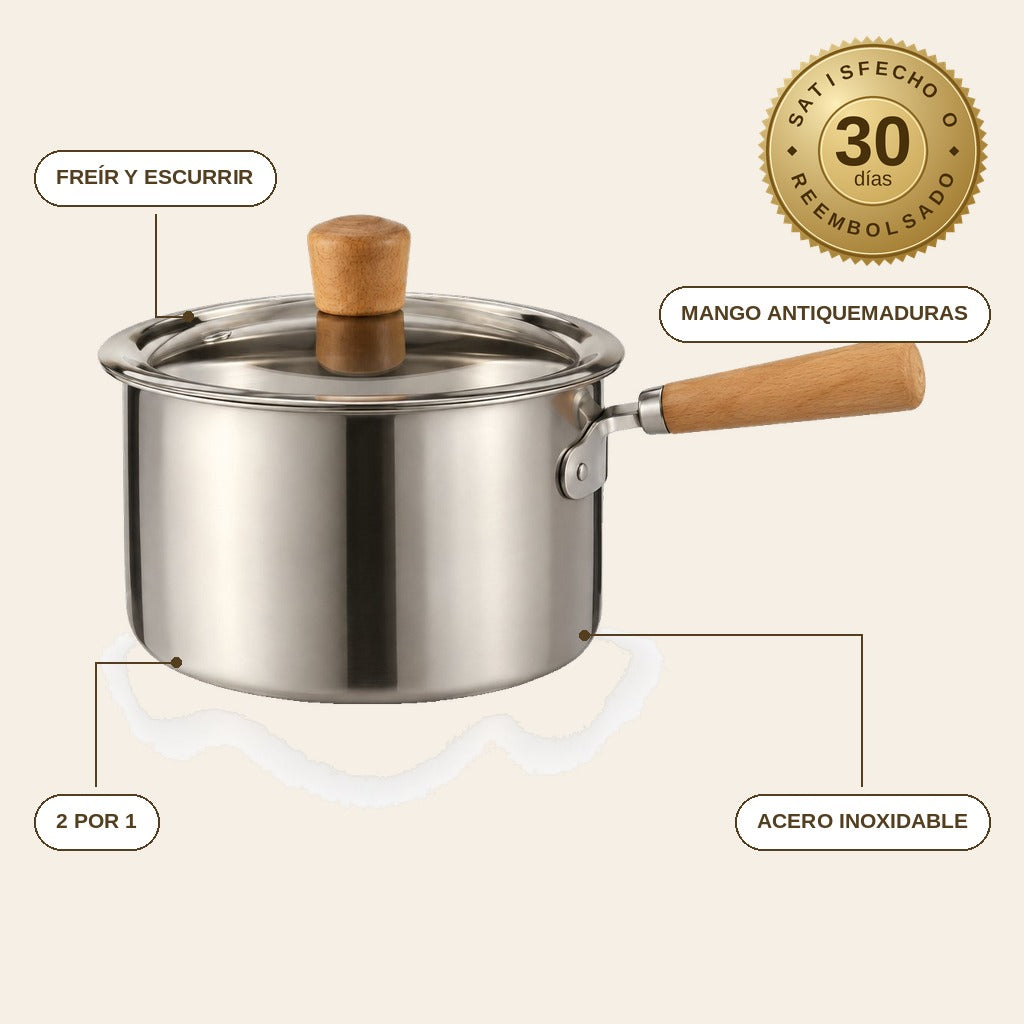 infographie — Olla freidora de acero inoxidable con cesta escurridora y mango de madera